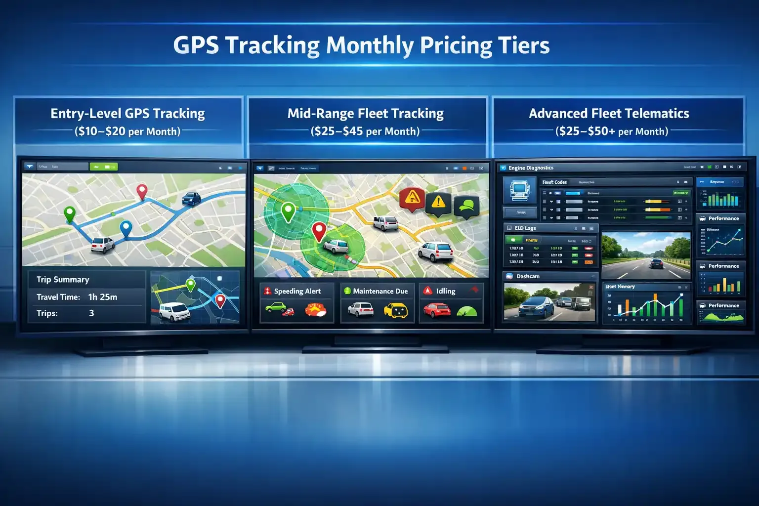 GPS tracking pricing tiers dashboard showing entry, mid, and advanced fleet plans.